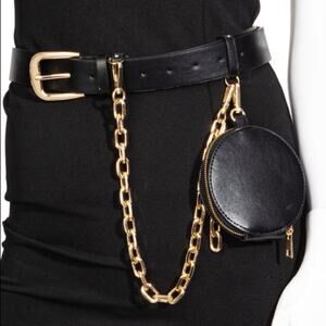 NWT Chain Belt Bag Womens OS Black Gold Circle Pouch 100% Leather Y2K Streetwear